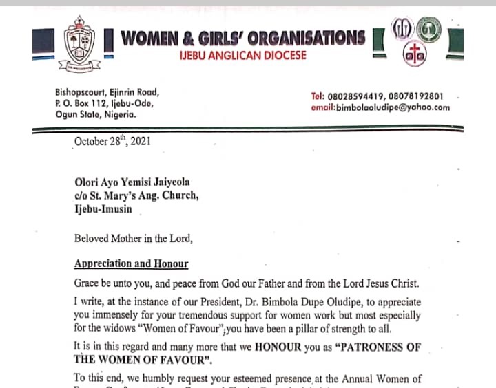 Women and Girls' Organisation, Ijebu Anglican Diocese Awards Olori Yemisi Jaiyeola